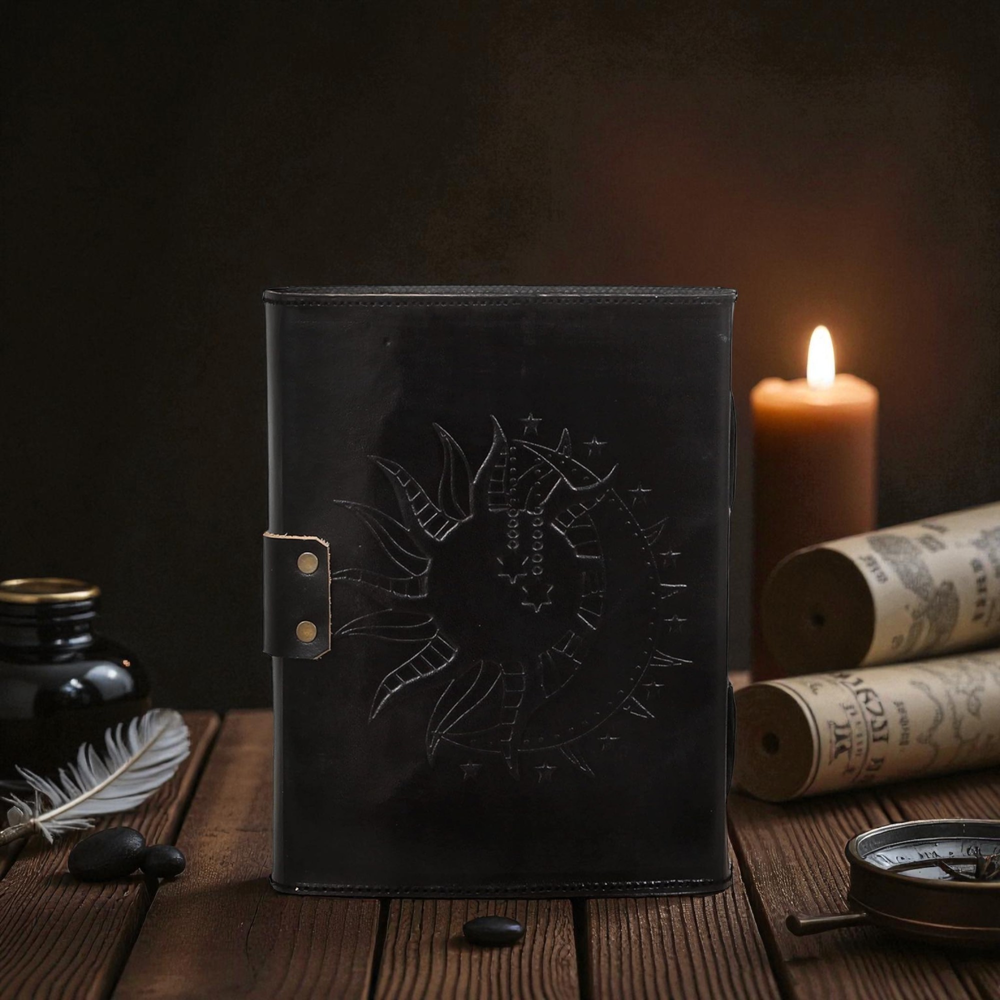 Handmade Black Leather Journal with Sun Embossed Design & Gemstone – 5x7 inch Vintage Notebook, 200 Deckle Edge Pages, Antique Metal Lock