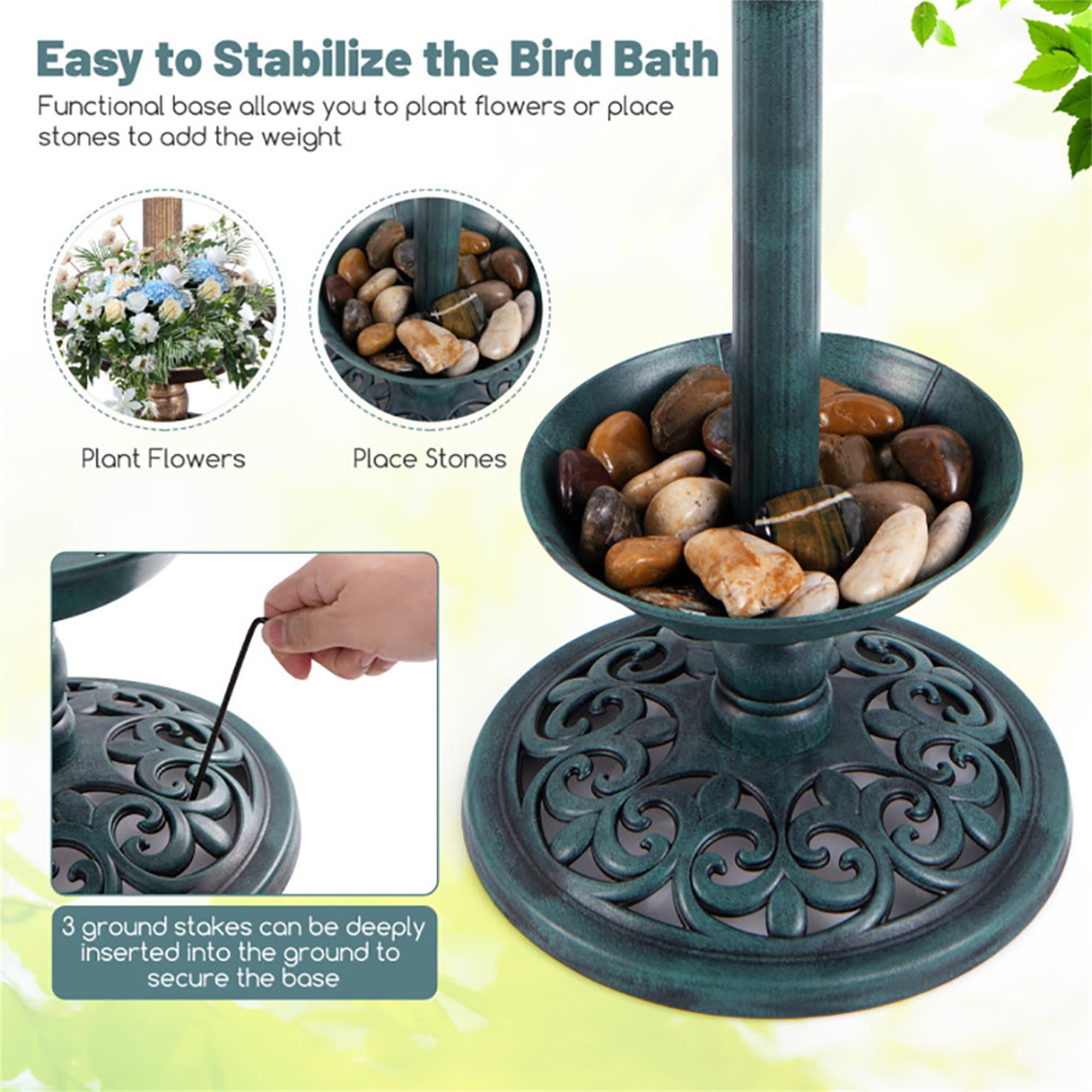 Kadyn 30" Outdoor Garden Bird Bath with Solar Light, Weather Resistant Pedestal, Backyard Bird Feeder and Flower Planter, Green