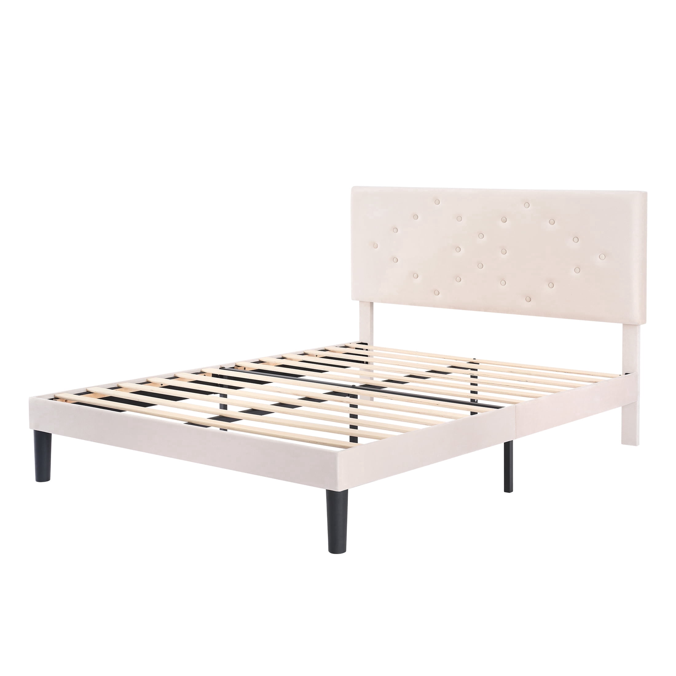 edx Upholstered Queen Bed Frame with Height-Adjustable Headboard and Crystal Buckle Accents, Beige