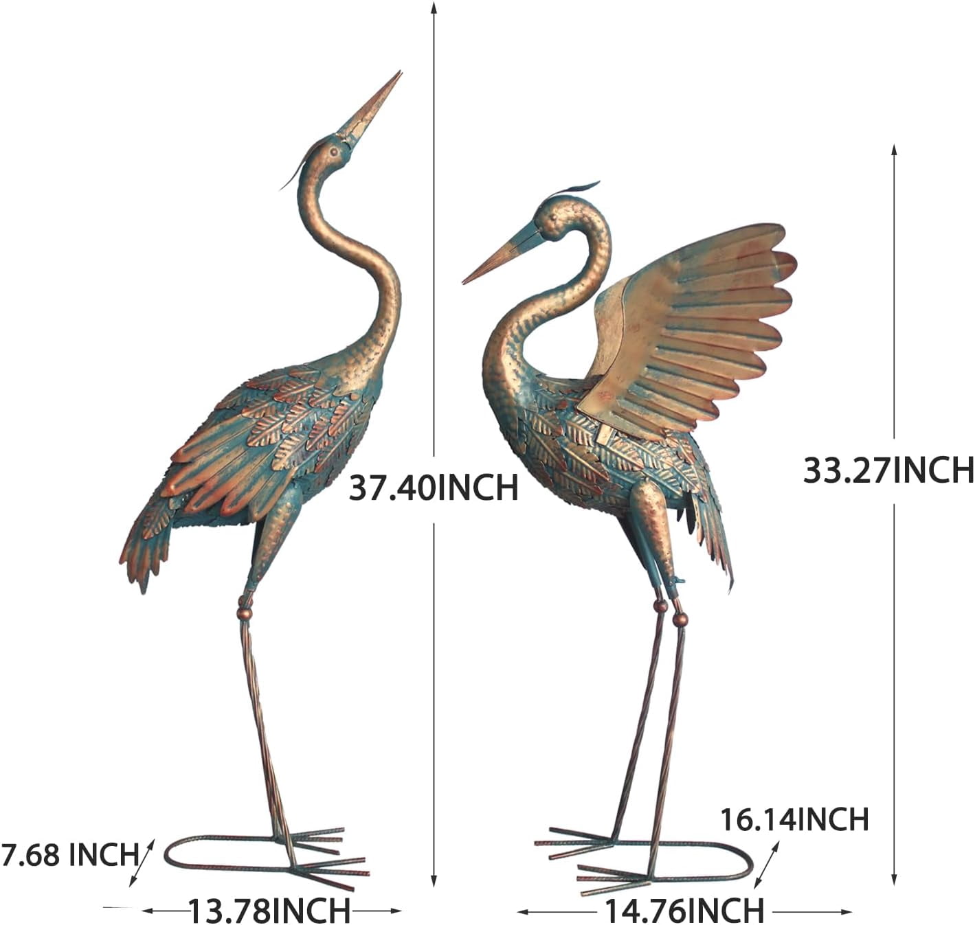 33-37 Inch Metal Crane Garden Statue Décor, Bird Heron Garden Sculpture & Statues, Outdoor Decoration for Yard Pond Lawn Backyard Pool, Vintage Spread Wings Crane, Set of 2 Copper