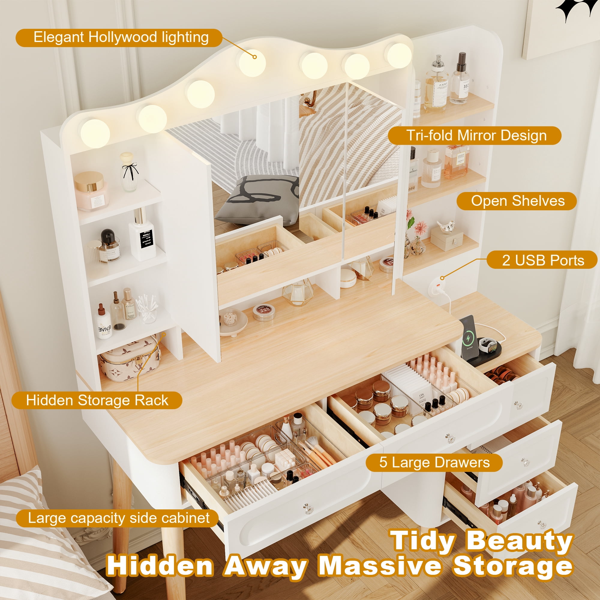 Yoneston Vanity Desk with Large Adjustable Light Mirror and 2 USB Ports, Makeup Table with 5 Drawers and 6 Open Shelves Storage for Bedroom,Dressing Room, White