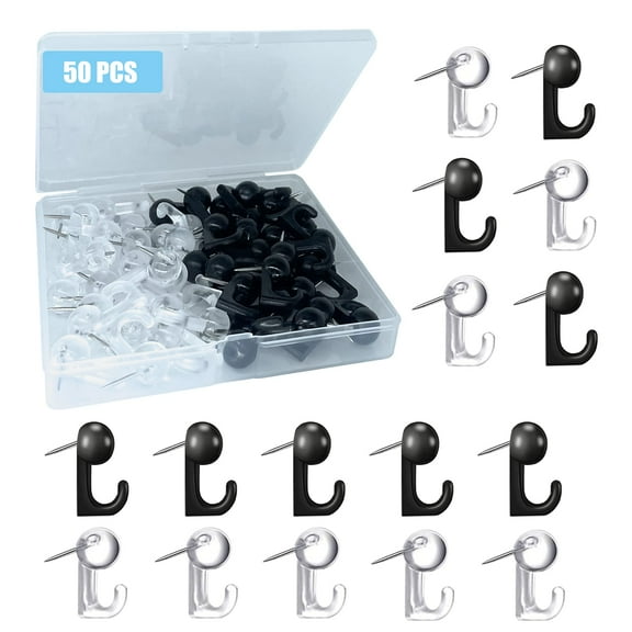 Genreen 50 PCS Push Pin Hooks, Plastic Heads Cork Board Hooks Decorative Thumb Tacks Hook for Photo Wall, Bulletin Board, Home Wall (Black and Clear)