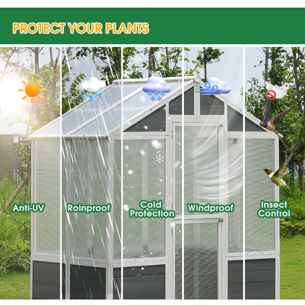 6' x 4' Walk-in Polycarbonate Greenhouse, Outdoor Garden Greenhouse for Plants in Winter, Grow House with Sturdy Cold Wooden Frame, Drain Hole and Front Entry Doors, D6338