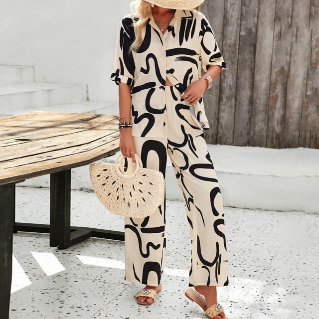 Camisa de Manga Conjunto de blusa de solapa y pantalón de pierna ancha para mujer, traje informal y cómodo para el hogar Ygjytge Beige T S para Mujer