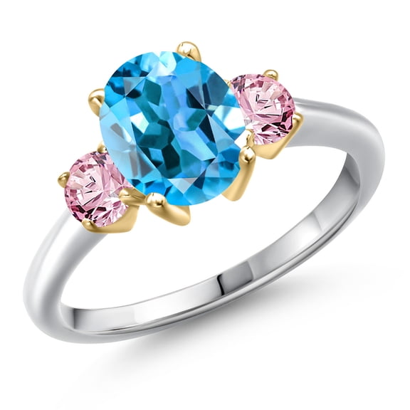 Gem Stone King 10K Two Tone Gold Swiss Blue Topaz and Pink Lab Grown Diamond Engagement Ring for Women | 2.75 Cttw | Oval 9X7MM | Gemstone November Birthstone | Size 5