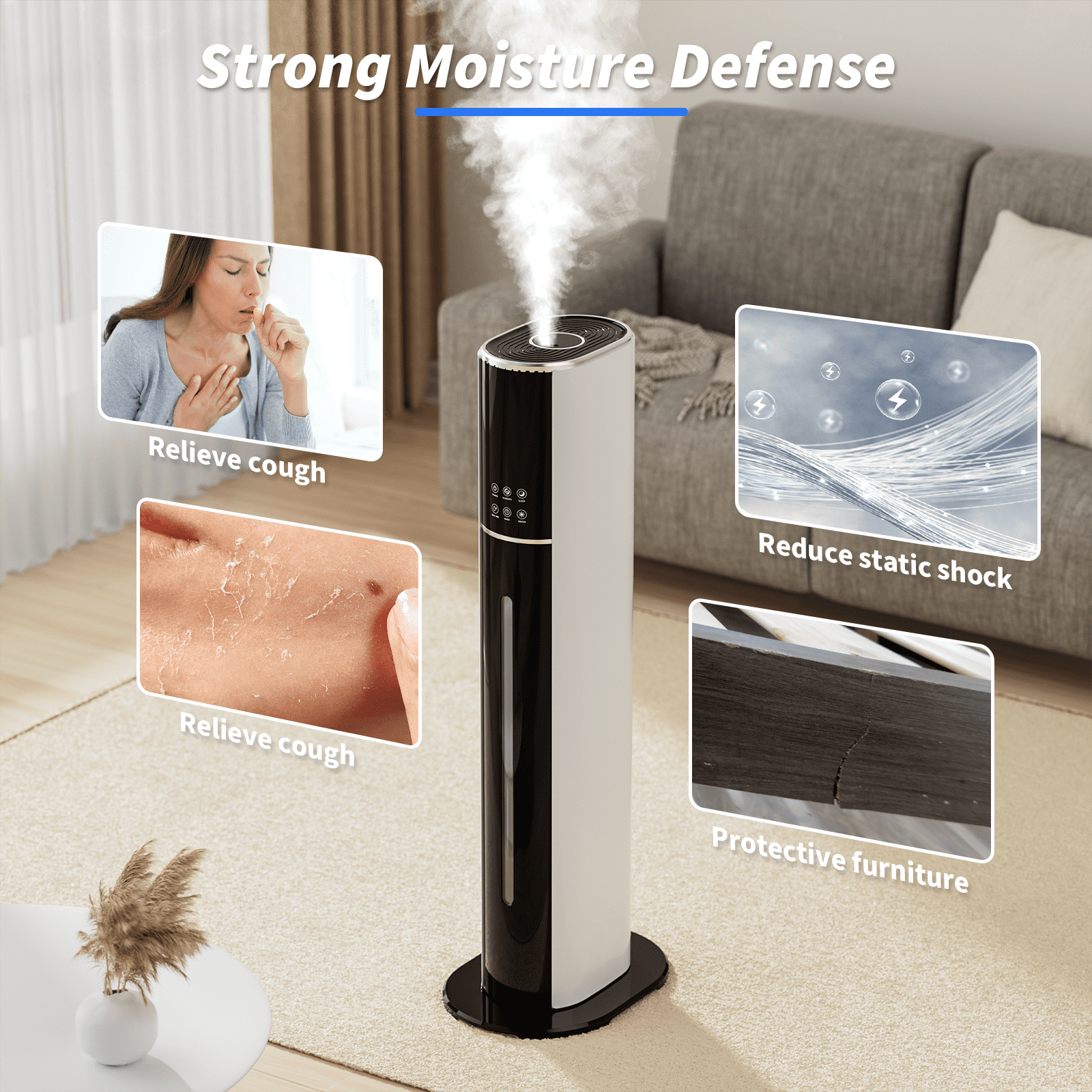 Rocyis Humidifier for Room Home Bedroom, 9L 2.3Gal Cool Mist Tower Top Fill Large Humidifier with Essential Oils,Whole House Floor Humidifiers for Baby,Pets,Plants,with Remote,360° Nozzle,White