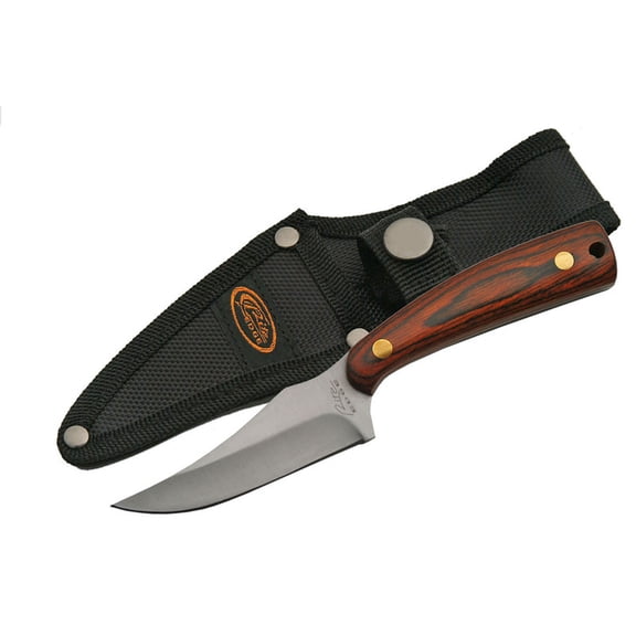 SZCO 7" Trailing Point Skinner Knife, 3-Inch Stainless Steel Fixed Blade with 4-Inch Wood Handle and Nylon Sheath, Full Tang Outdoor Hunting and Field Dressing Tool