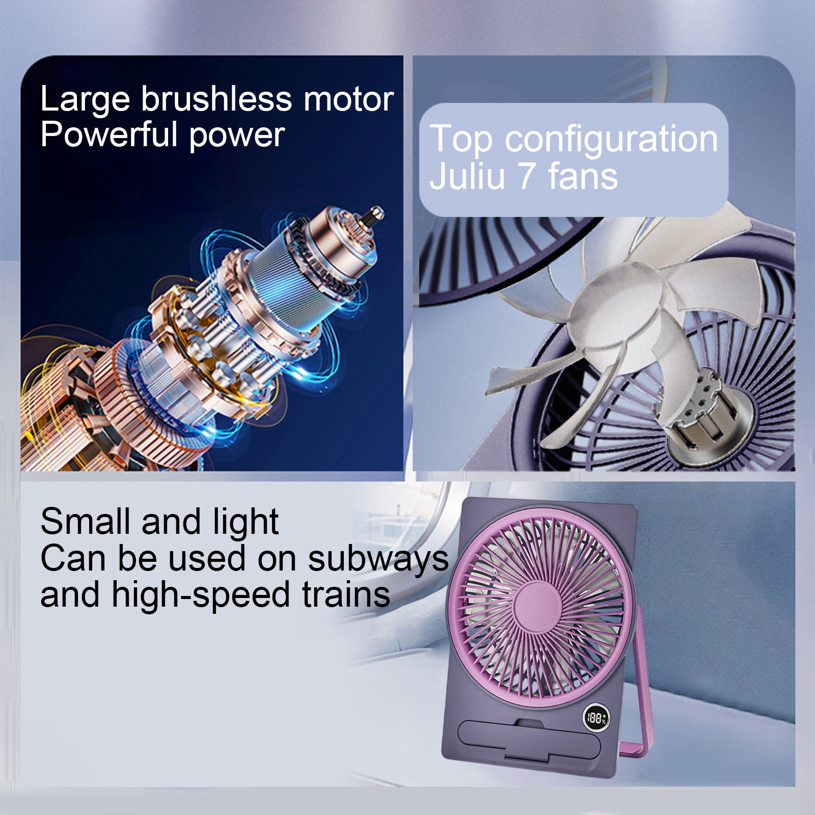 Yhmxh Small Desk Fan, 5 Speeds Adjustable Quiet Portable Rechargeable USB Fan With Digital Display, 180° Summer Wall-Mounted Fans for Home Office Kitchen Travel Outdoor (Purple)