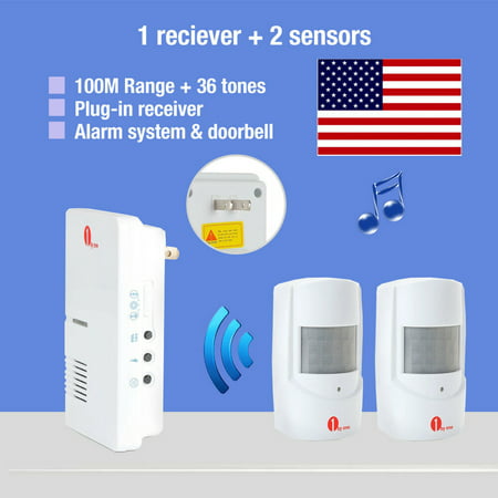 1byone Plug-in Wireless Home Security Driveway Alarm and Doorbell, 1 Plug-in Receiver and 2 PIR Motion Sensor Detector Weatherproof Patrol Infrared Alert System (Best Security Alarm System)