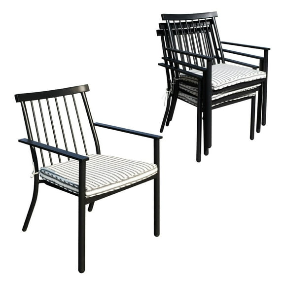Set of 4 Outdoor Patio Chairs, Integrated Stackable Wrought Iron Furniture Dining Chairs with Arms and Cushions, Indoor Outdoor Chairs for Porch, Yard, Lawn, Garden - Black