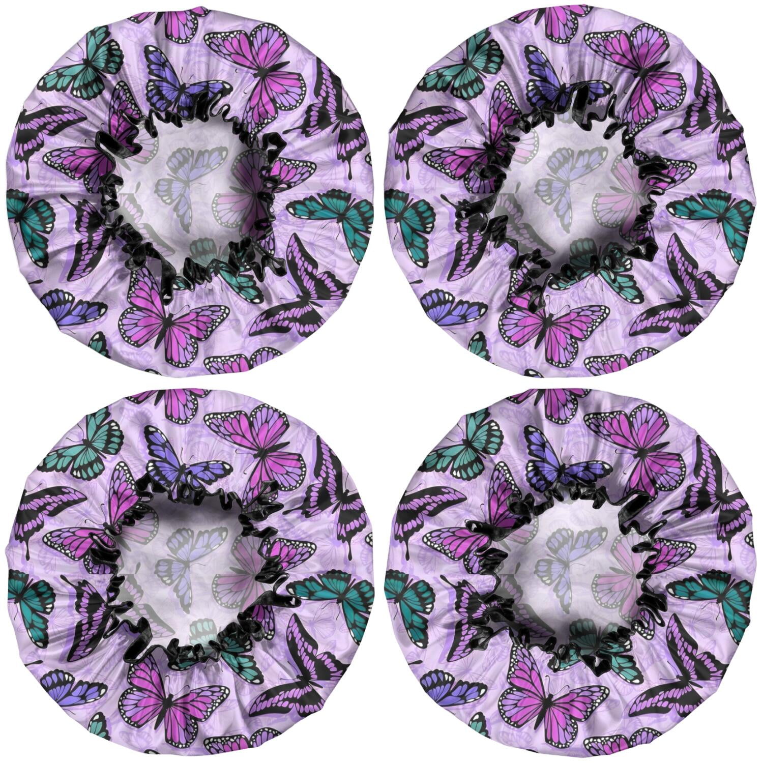 Shower Caps,Purple Butterfly Pattern Waterproof Shower Cap for Women 4 Pieces,Double Reusable Hair Cover for Shower PEVA Elastic Stretch Hem