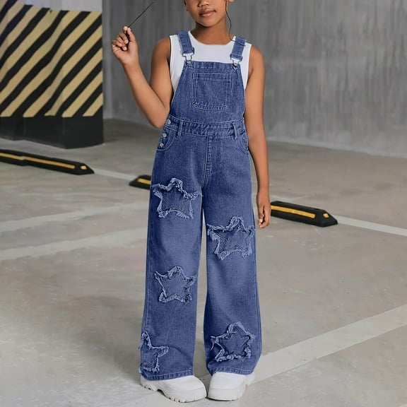 ATOGUTA Girls Jeans Casual Baggy Wide-leg Denim Overalls Jumpsuit Size 6-13, Dark Blue