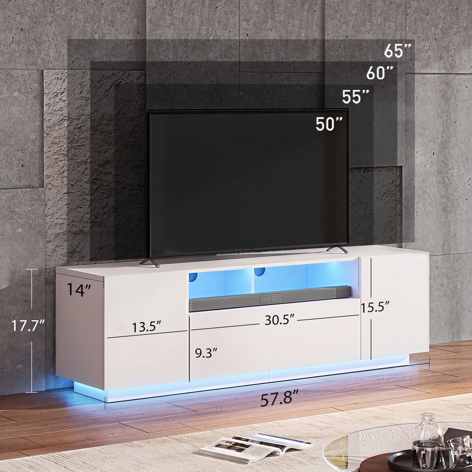 GALAXHERO TV Stand for 65 inch Entertainment Center with LED Lights & Large Storage Cabinet Modern TV Console Stands Table for Living Room Bedroom White