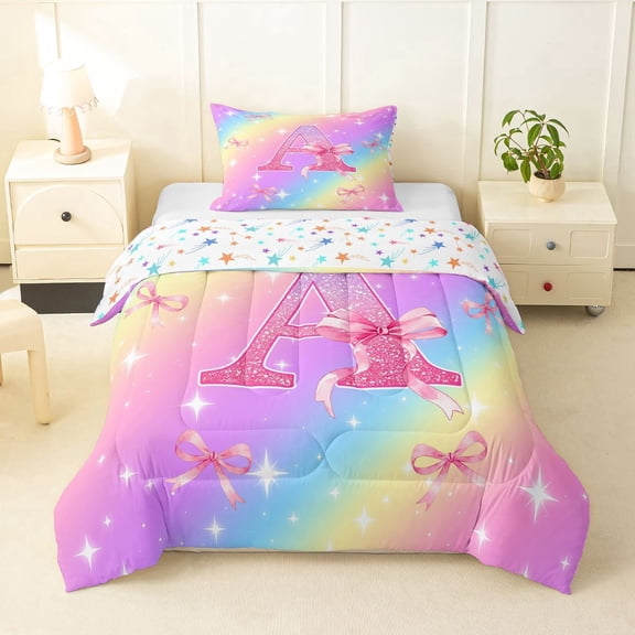 Manfei Pretty Rainbow Twin Comforter Sets,Pink Bownot Letter A Bedding Set,Colorful Stars Reversible,2 Pieces,1 Comforter and 1 Pillowcase