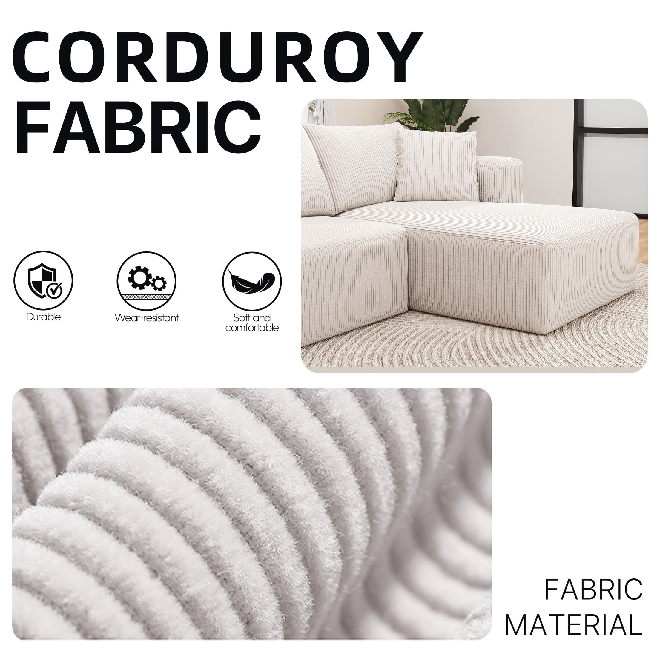 Focalsweet 107" L-Shaped Sofa Couch, Modular Sectional Living Room Sofa Set, Corduroy, No Assembly, White