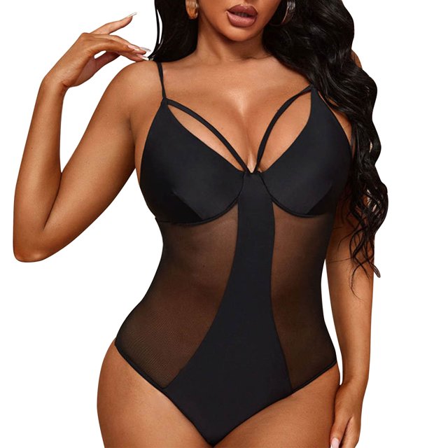 Traje de baño de una pieza de malla Bikini de una pieza de mujer de retazos de malla ahuecado encantador para la playa Negro S