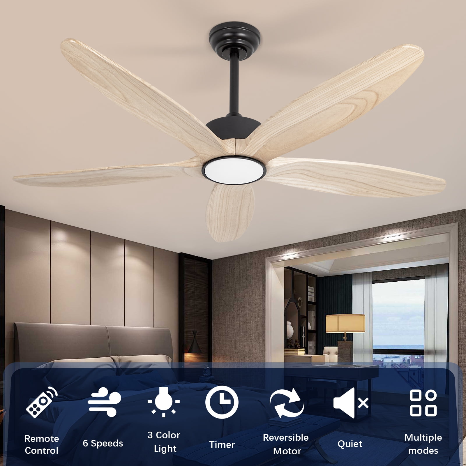 Wozzio 52-Inch Ceiling Fan with LED Light and Remote, 5 Natural Wood Blades, Modern