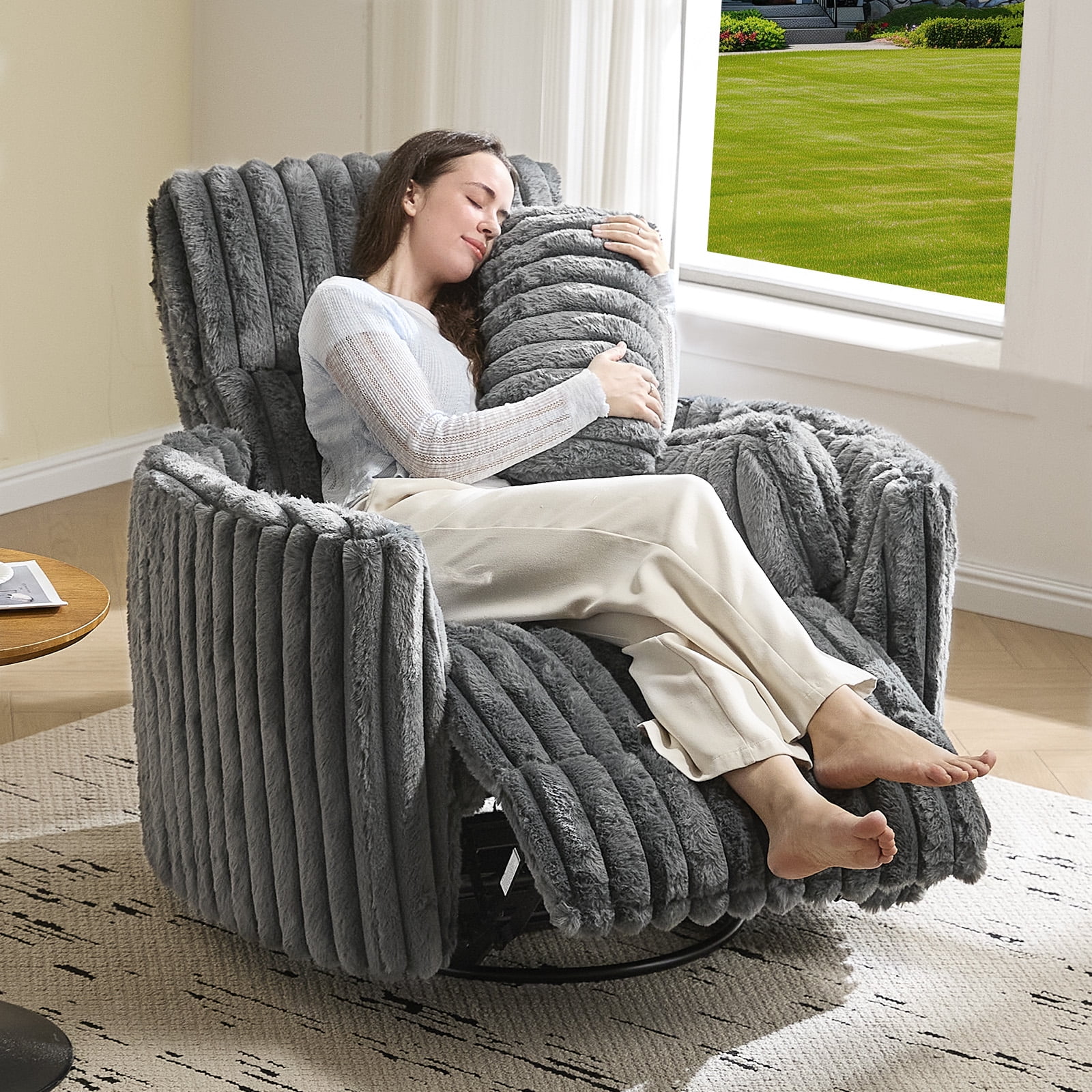 Merluxy Power Swivel Recliner Chair with USB Charging & 2 Pillows, Glider Rocker for Nursery and Living Room, Grey Corduroy