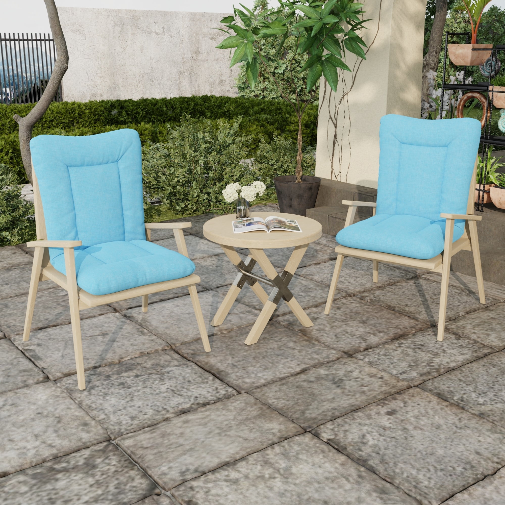 Jordan Manufacturing 38" x 21" Celosia Ice Blue Crosshatch Rectangular Outdoor Wrought Iron Chair Cushion with Ties and Hanger Loop