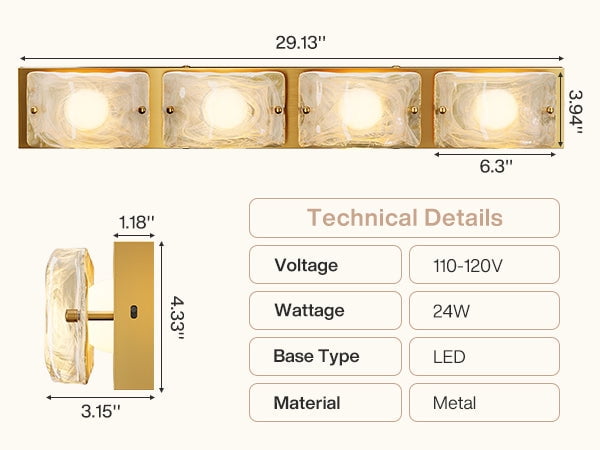 Fnova 29" LED Gold Vanity Lights, Modern 3CCT Dimmable Bathroom Light Fixtures (ETL Listed, Bulbs Included)