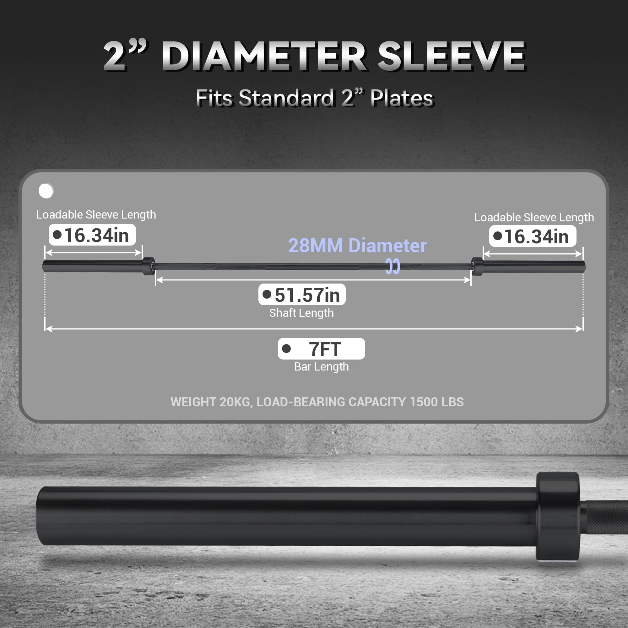 Heavy Duty Barbell Bar for Weightlifting & Strength Training - 7FT, Robust Steel, 1500LB Capacity, Anti-Slip Knurling, Home Gym Bar, Black