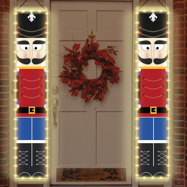 Nutcrackers Banners Porch with LED String Lights Life Size Soldier Model Nutcracker Porch
