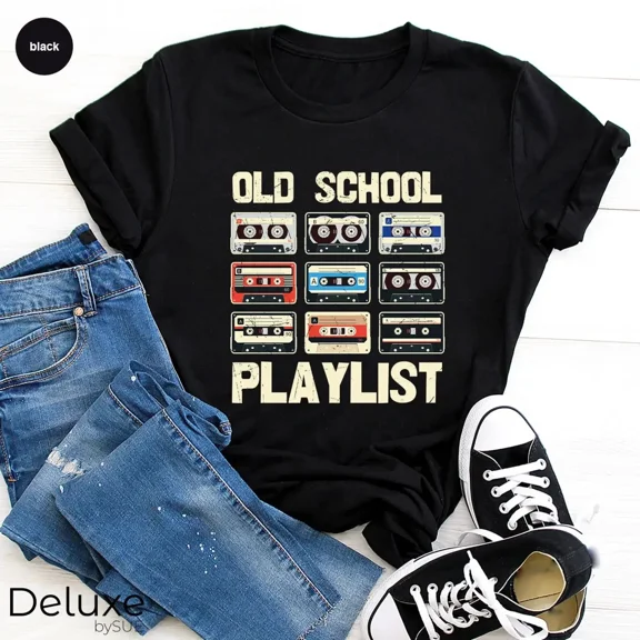 Old School Playlist Retro 90s Music Print Short Sleeve T-Shirt, for Men & Women, up to Size 5XL