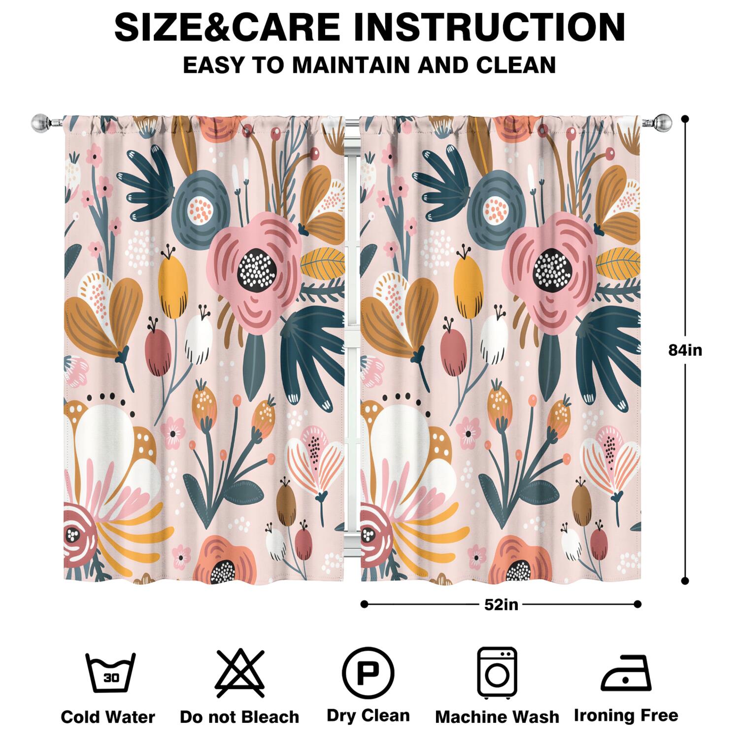 Elegant Printed Blackout Curtains 52x84 Inch Rod Pocket Drapes 2 Panels, Floral Design for Light Filtering