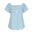thumbnail image 2 of Women's Eyelet Tops Fitted Babydoll Tee Shirt Flutter Short Sleeve Tie-Front Sweetheart Neck Pleated Cute Blouse (M, Light Blue), 2 of 8