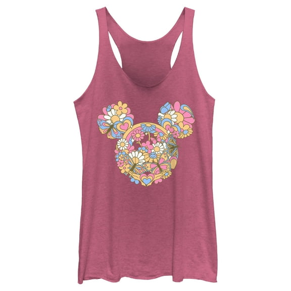 Women's Mickey & Friends Flowers and Butterflies Ears Racerback Tank Top Pink Heather Large