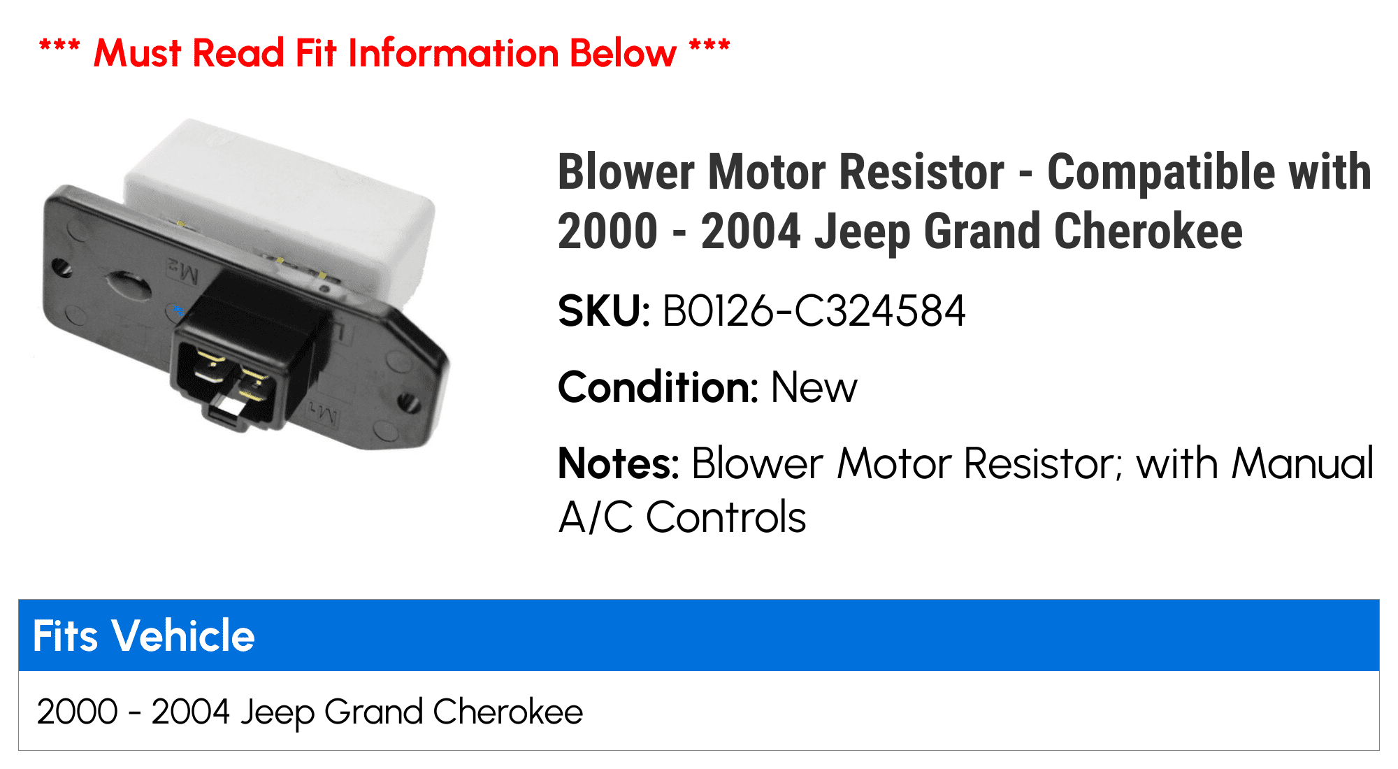 Blower Motor Resistor - Compatible with 2000 - 2004 Jeep Grand Cherokee 2001 2002 2003