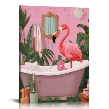 ARISTURING  Flamingo in Bathtub Bathroom Canvas Prints Wall Decor Tropical Pink Flamingo Canvas Art Sign Canvas Poster Gifts for Home Bathroom Decor