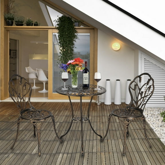 Outdoor Metal Bistro Table Set, 3 Pieces Bistro Set Cast Tulip Design Antique Outdoor Patio Furniture Weather Resistant Garden Round Table and Chairs, Garden Conversations Set for Porch Balcony, Q9482
