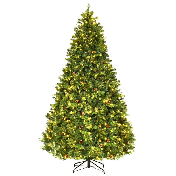 Costway 8Ft PreLit Christmas Tree Hinged 600 LED Lights Pine Cones