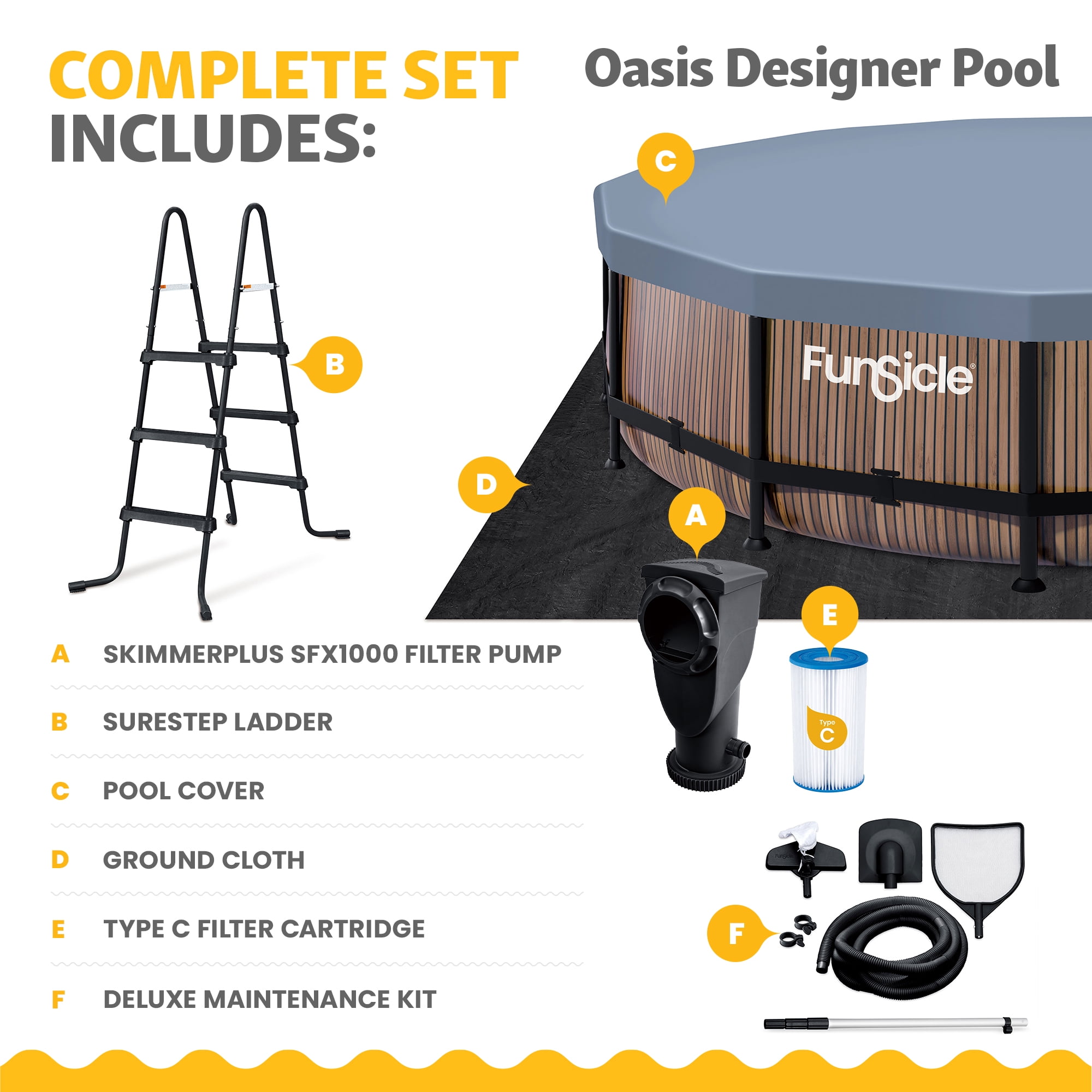 Funsicle 14ft x 42in Round Oasis Designer Above Ground Pool, Natural Teak with SkimmerPlus Filter Pump, Age 6 & up