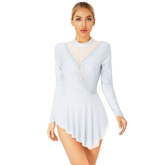 renvena Women Figure Skating Dress Long Sleeve Rhinestone Gymnastics Leotard Costumes White S