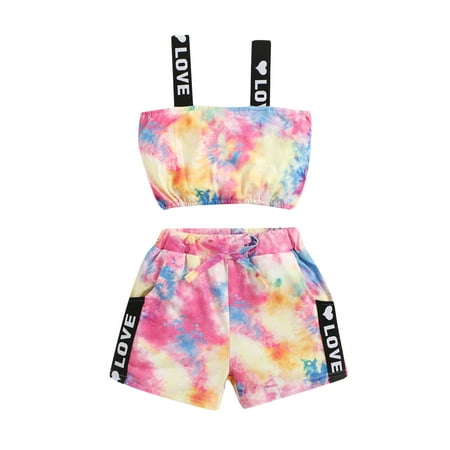 

Canrulo Kids Baby Girl Summer Outfits Tie-Dye Letter Sleeveless Sling Tank Tops Elastic Waist Shorts Set Colorful 1-2 Years