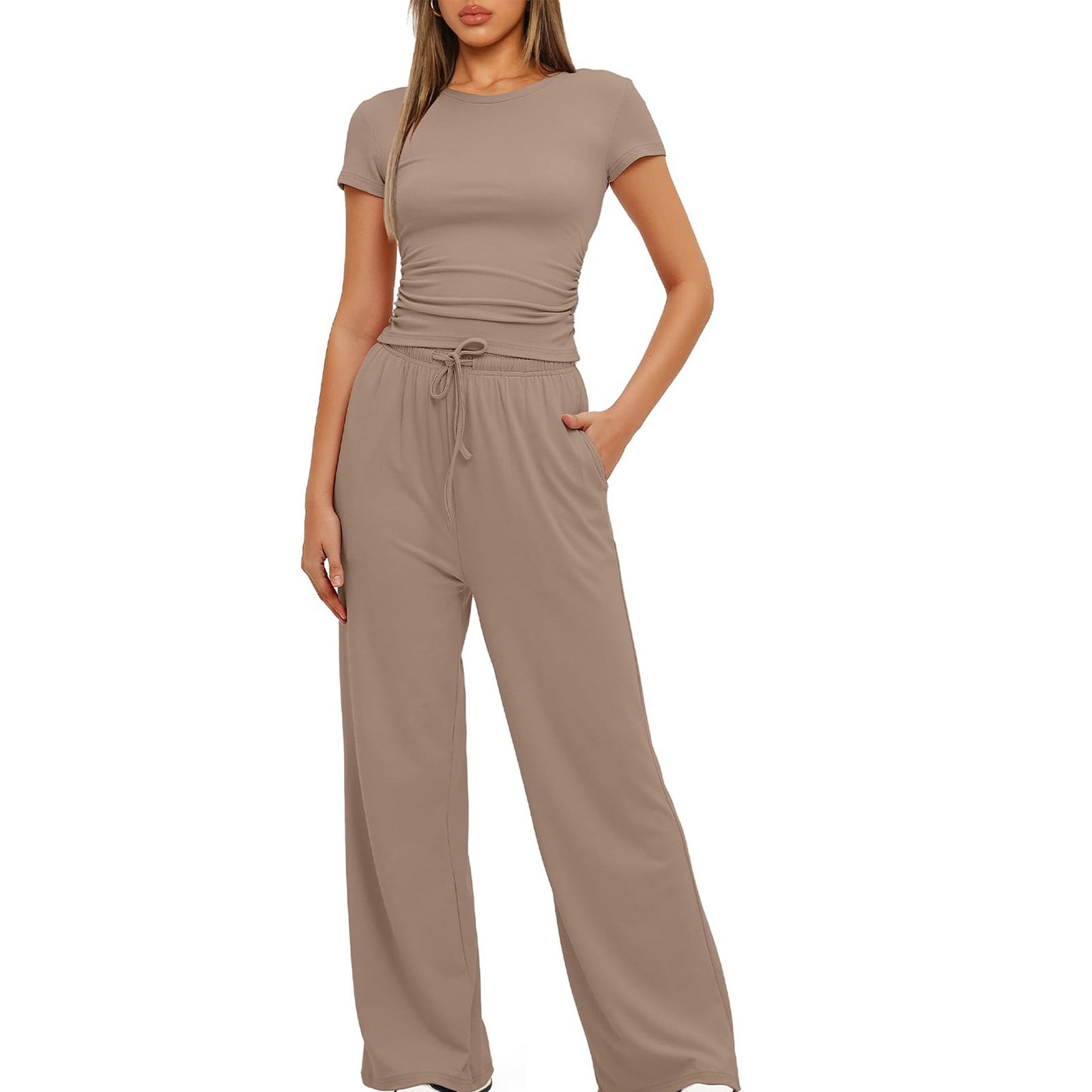 Women's 2-Piece Lounge Set – Crop Top & Foldover Flare Pants Comfy Pajama Outfit