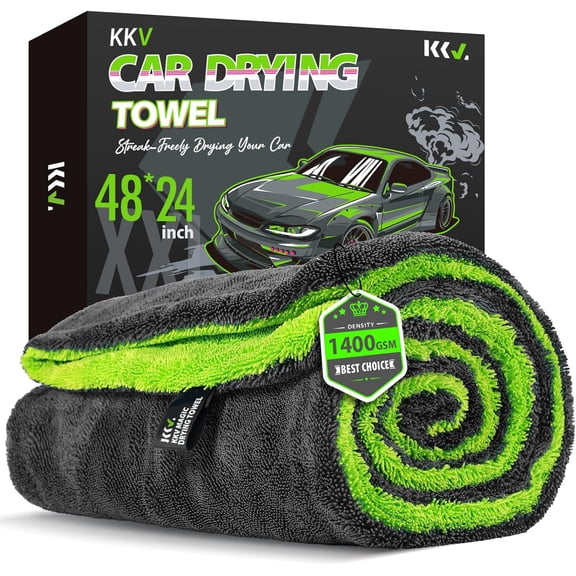 KKV Full-Sized SUV Drying Towel, 48”x24” Dual Sided Microfiber Car Cleaning Towel with Twisting Yarn Technique, 1400GSM Super Absorbent, Scratch-Free, Machine Washable (Darkgray-GreenYellow)