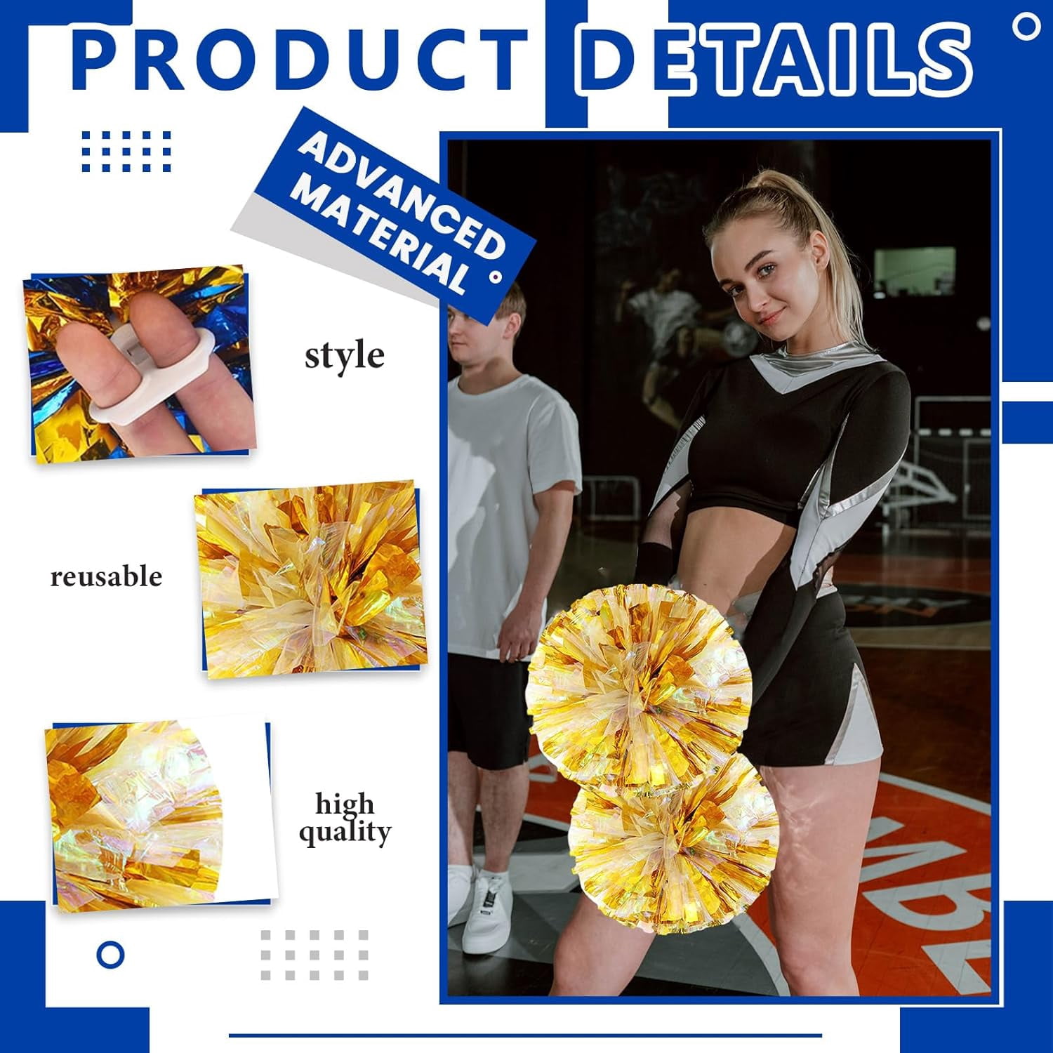 8 PCS Metallic Cheerleading Pom Pom for Team Spirit Sports Dance Cheering Kids Adults-Ring Style