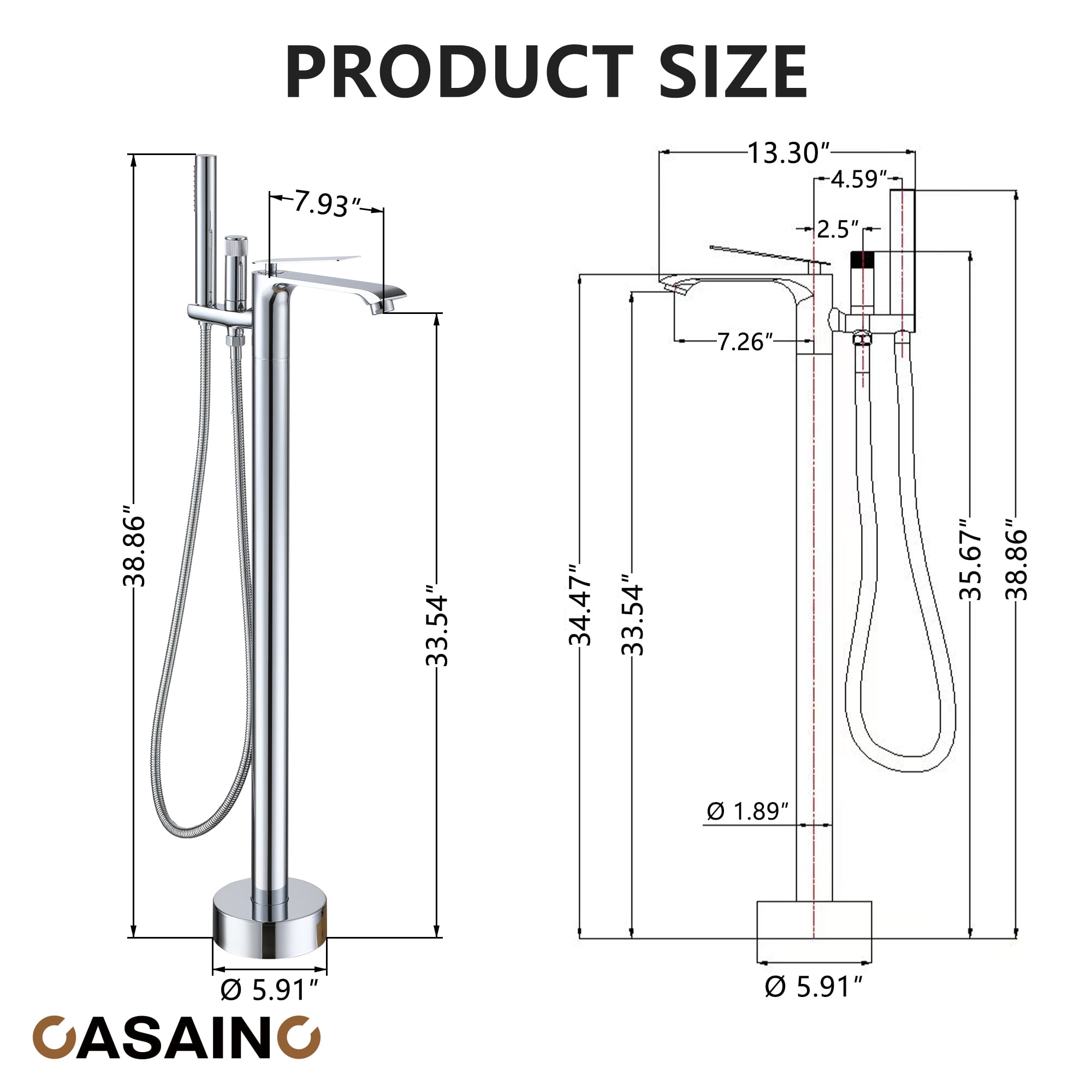 CASAINC Single-Handle Freestanding Floor Mount Tub Filler Faucet with Handheld Shower in Chrome Plated