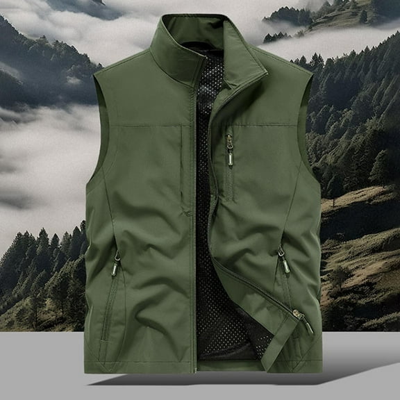 Dxzfnsa Men's Cargo Vests Mens Casual Lightweight Zipper Up Stand Up Vests Thin Sports Solid Color Sleeveless Jackets with Pockets Outdoor Hiking Vests