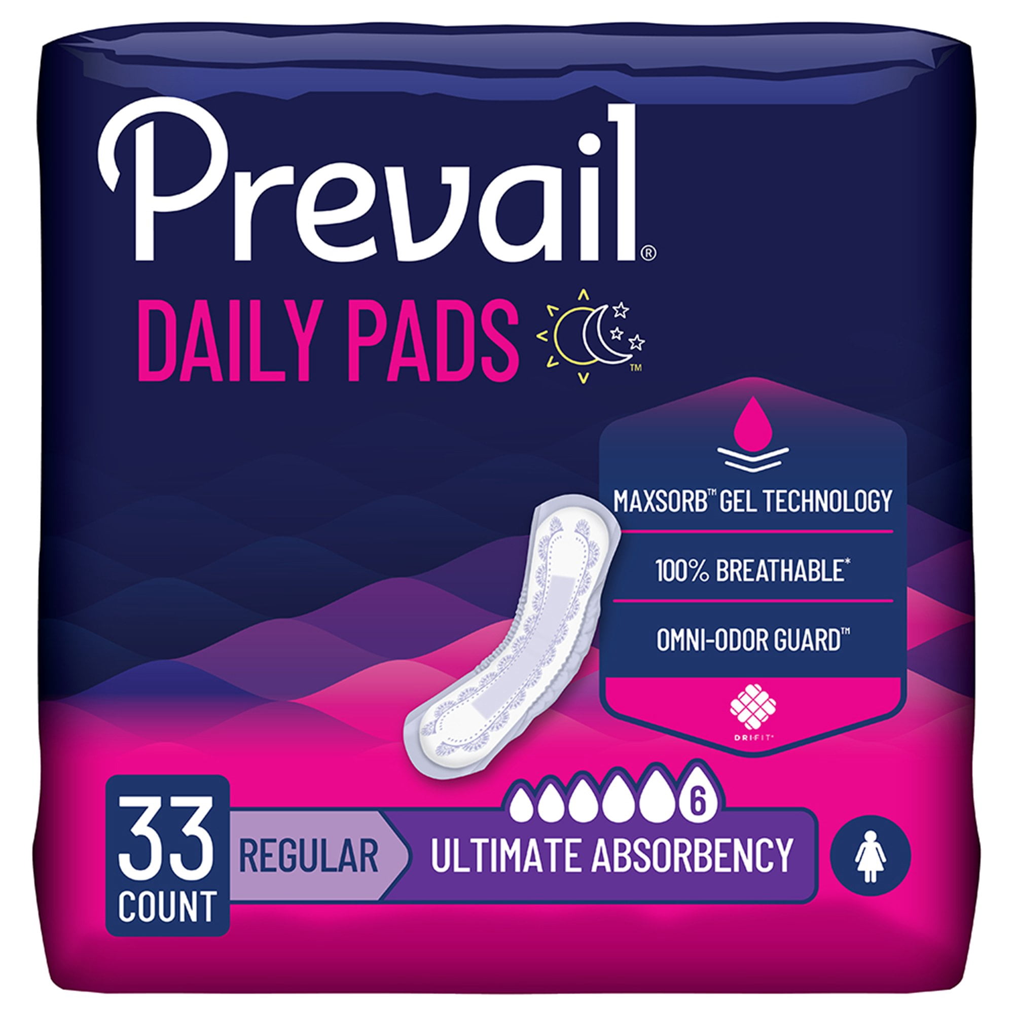Prevail Daily Pads for Bladder Leaks, Disposable, Ultimate Absorbency, Regular, 33 Count, 4 Packs, 132 Total