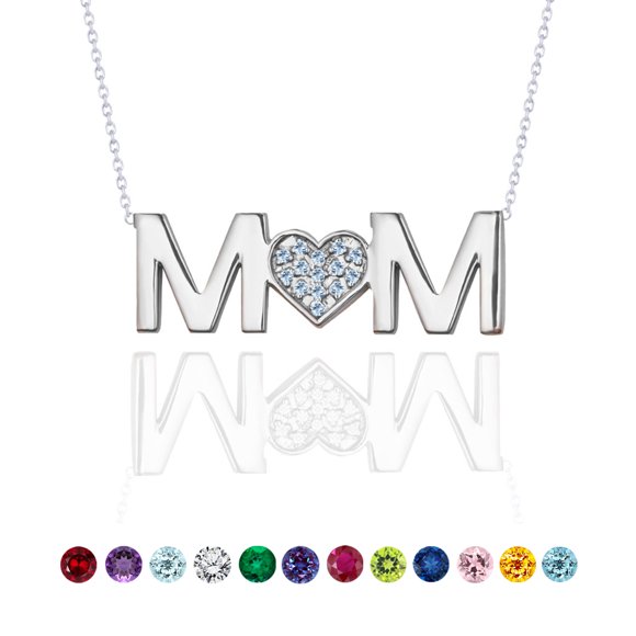 JeenMata MOM Pendant Necklace - Aquamarine - March Birthstone in 18K White Gold over Sterling Silver