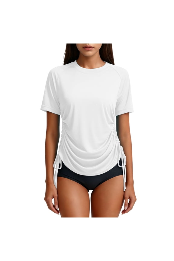 Women's Rash Guard Shirts Ruched Drawstring Short Sleeve Swim Tops Lightweight UPF 50+ Surf Top Bathing Suit White S
