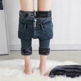 thumbnail image 3 of sunsanly Women Winter Jeans Solid Color Plush High Waist Pockets Soft Keep Warm Buttons Washed Denim Women Trousers Women Clothes, 3 of 7