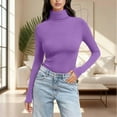 thumbnail image 2 of FEIJIBA T Shirts for Women Solid Color High Neck Regular Long Sleeve Crewneck Shirt Going Out Tops Light Violet, 2 of 7