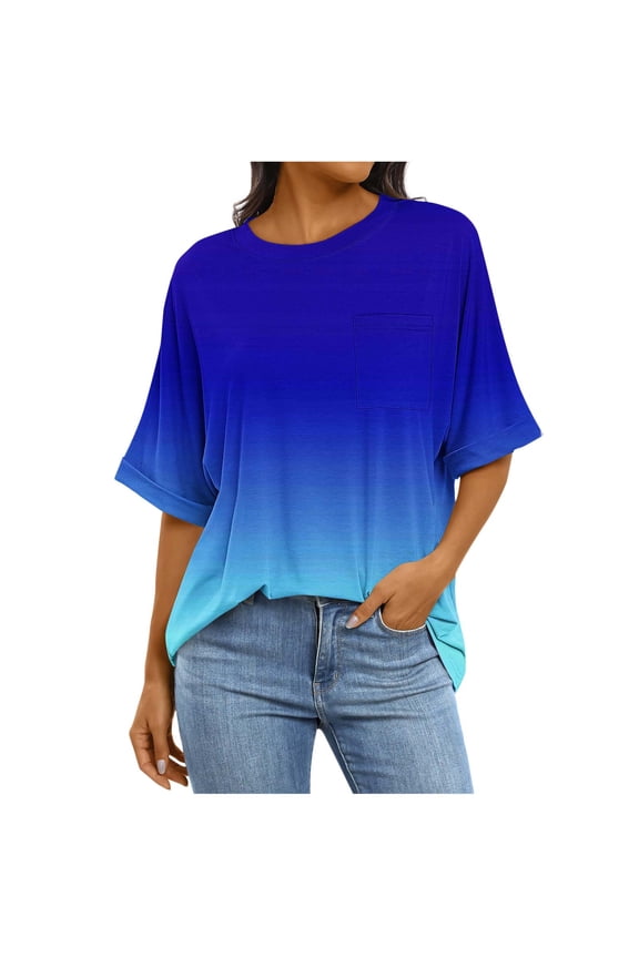 Womens Oversized T Shirts with Pocket- Short Sleeve Casual Summer Soft Gradient Trendy Tops Blue Size 2XL