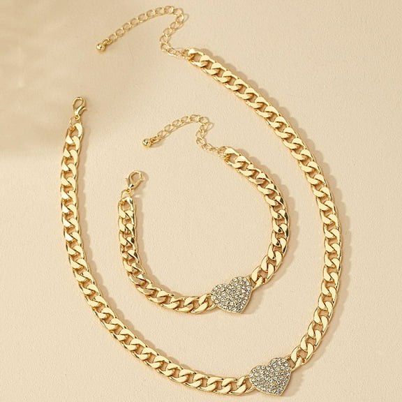 Heart Alloy Rhinestone Pendant Necklaces & Link Chain Bracelets Golden Crystal 360mm