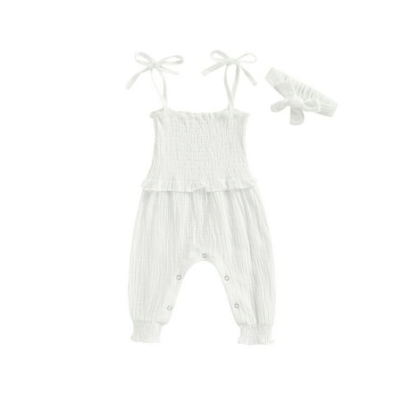 

Suanret Newborn Girl Outfits Infants Solid Color Ruffle Trim Elastic Waist Ruched Sleeveless Sling Jumpsuit with Bowknot Headband White 0-3 Months
